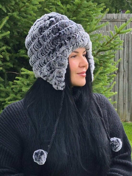 Silver Rex Rabbit Fur Earflap Hat, Knit Fur Ushanka with Pompoms, Aleutka Beanie main image 2